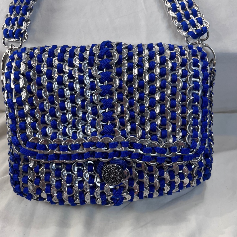 Handmade Soda Tab Shoulder Bag Upcycled Pop Tab Purse Blue Polka Dot Lining